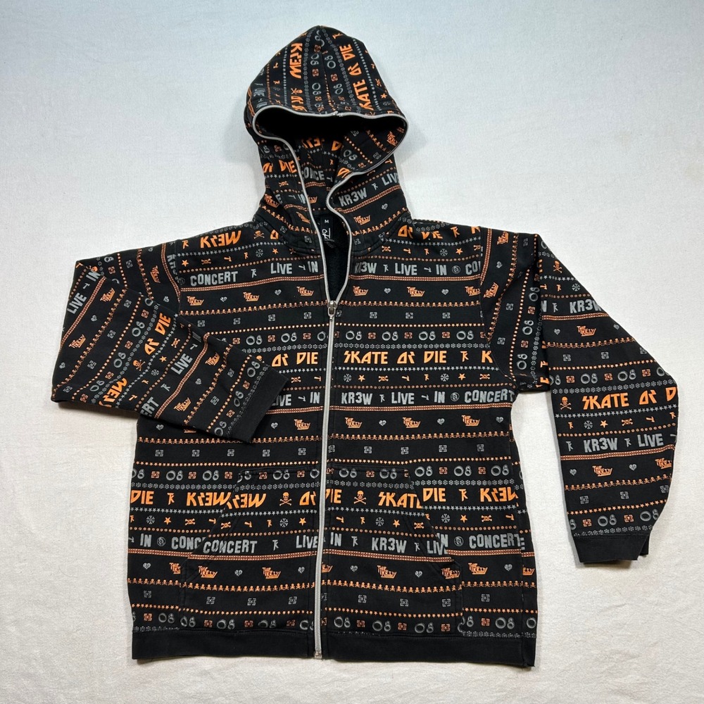 KR3W Hoodie M Mens Black Skate or Die All Over Print Full Zip Sweatshirt
